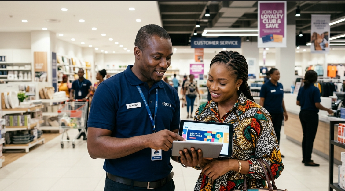 A retail staff member assisting a customer with loyalty rewards