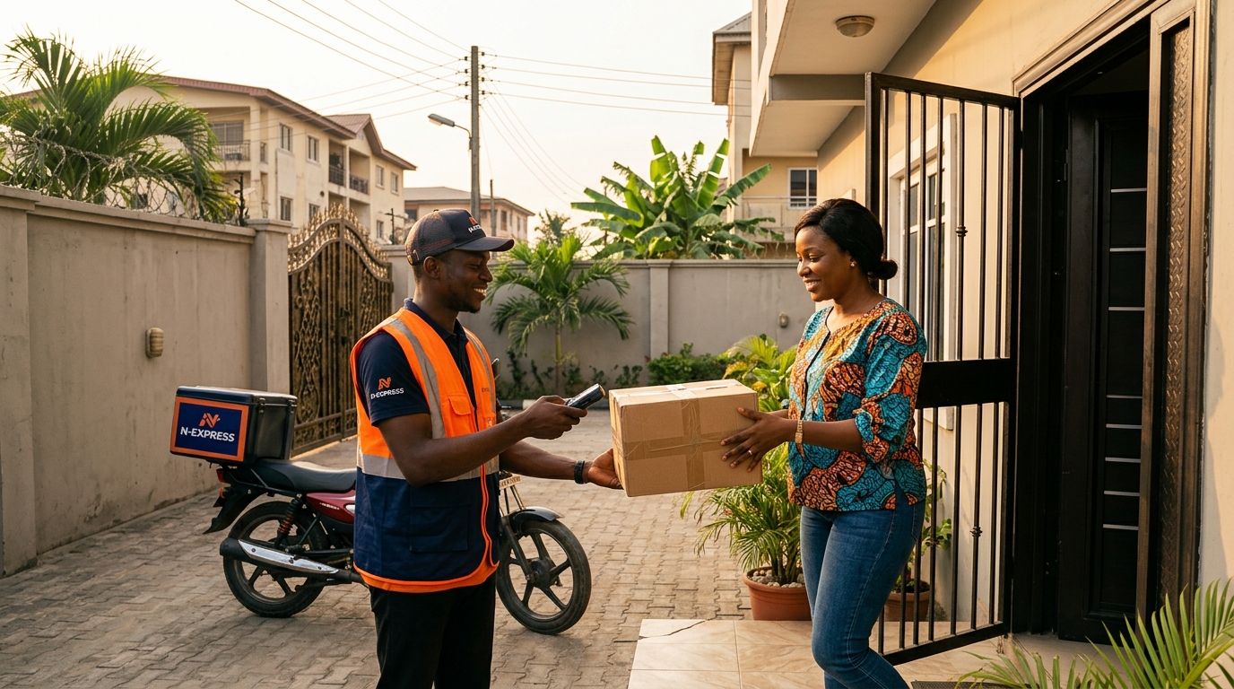 A delivery worker handing a package to a customer