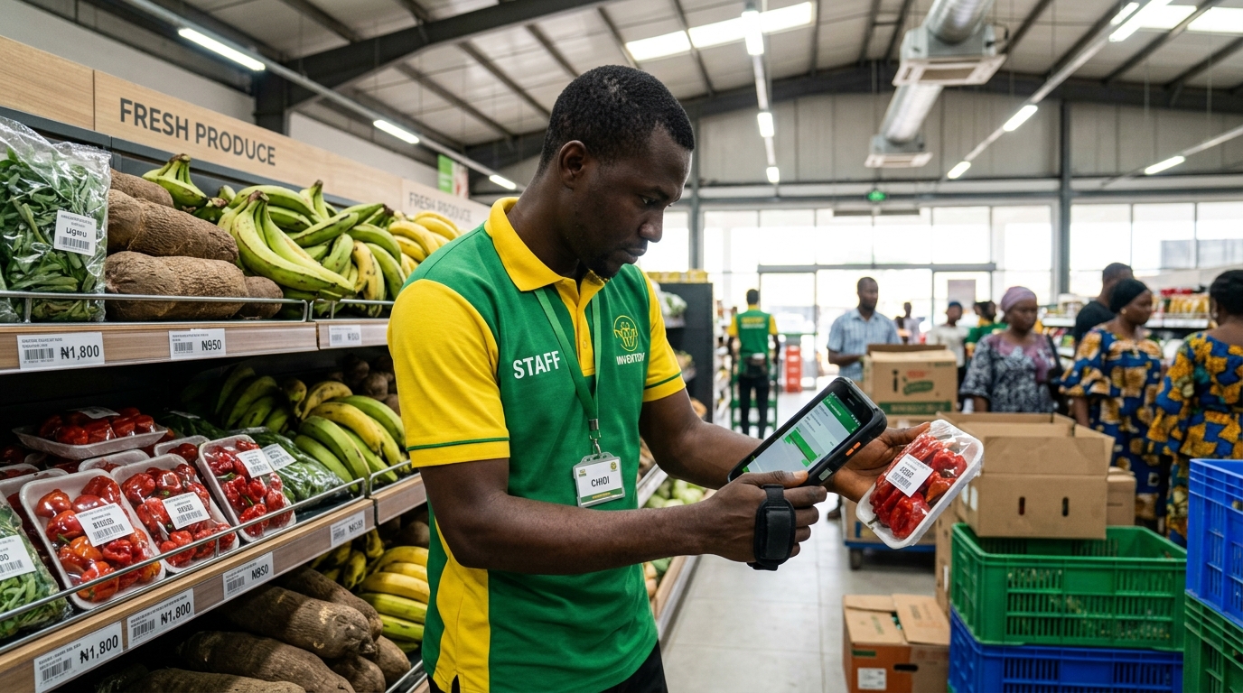 A store worker scanning produce with a tablet