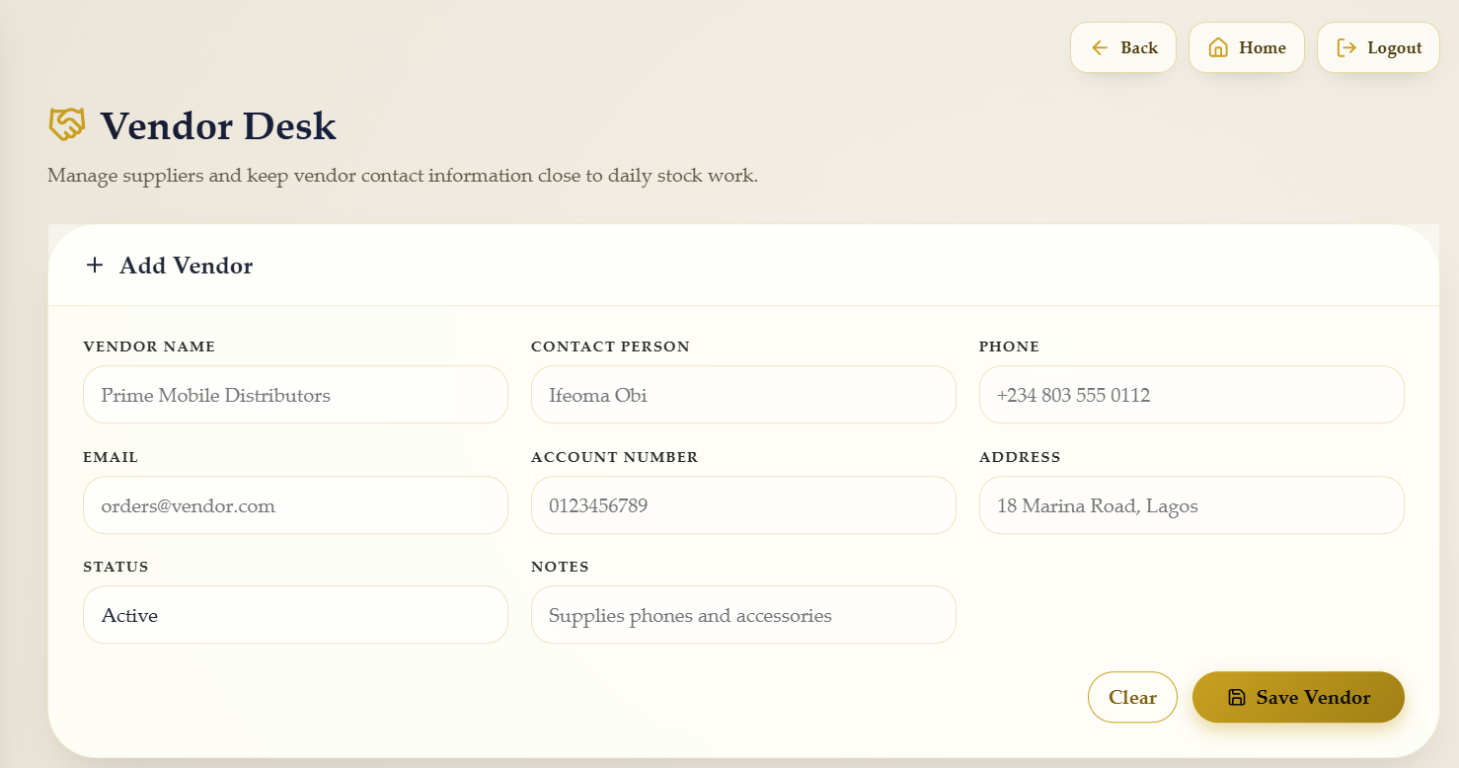 Vendor Desk supplier form for contact and account details