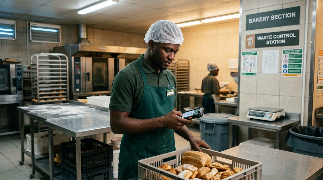 A staff member tracking store waste on a device